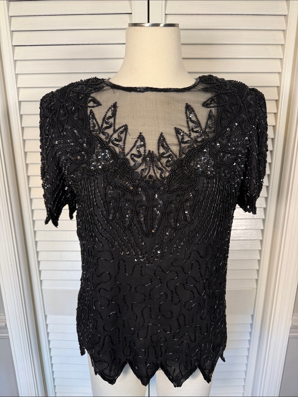 VTG Denise Elle Silk Beaded Sequin Blouse Black Mesh Scalloped Medium